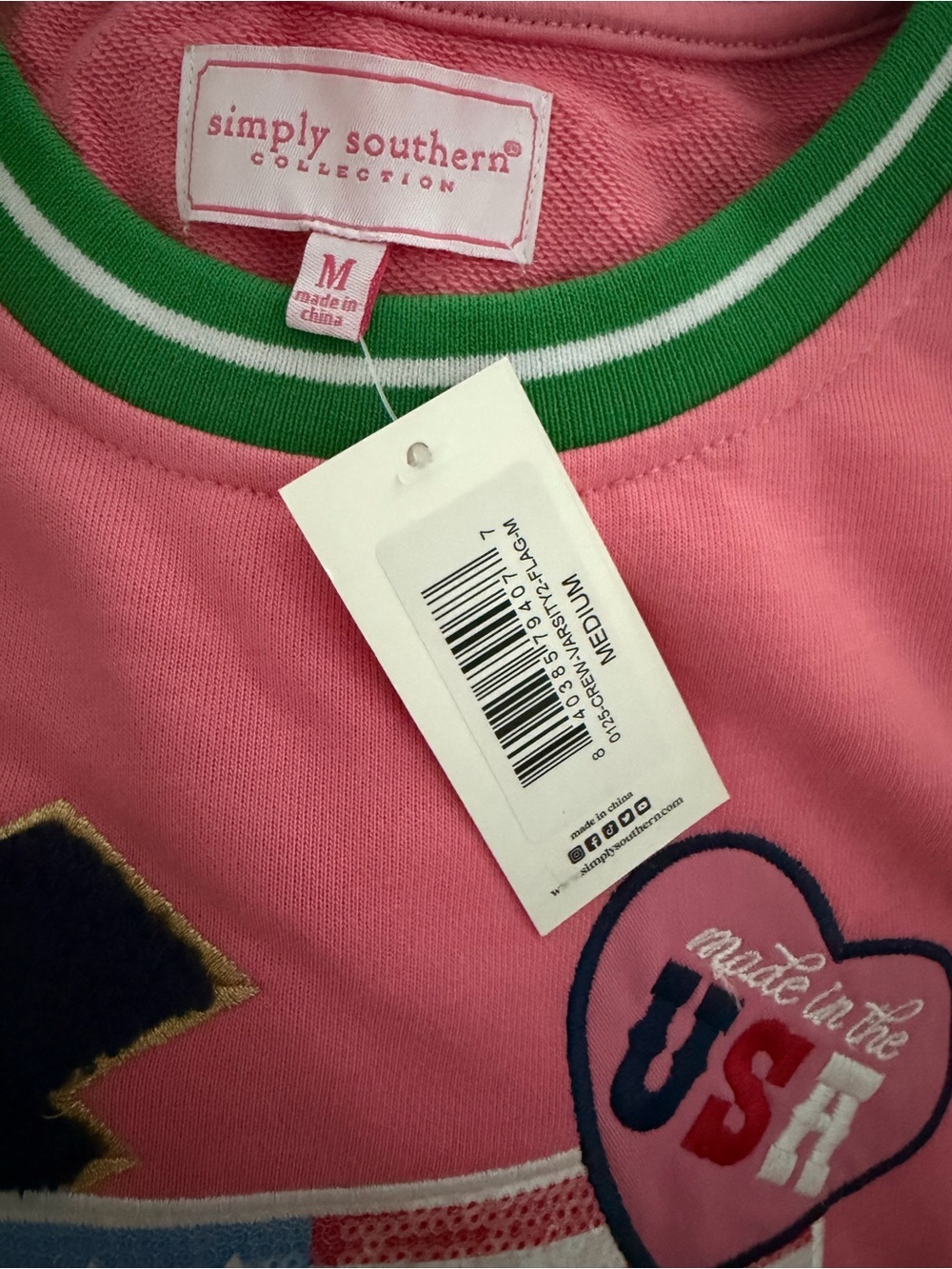 NWT Simply Southern Pink Sweatshirt with Green Trim and USA Patch - Picture 4 of 5